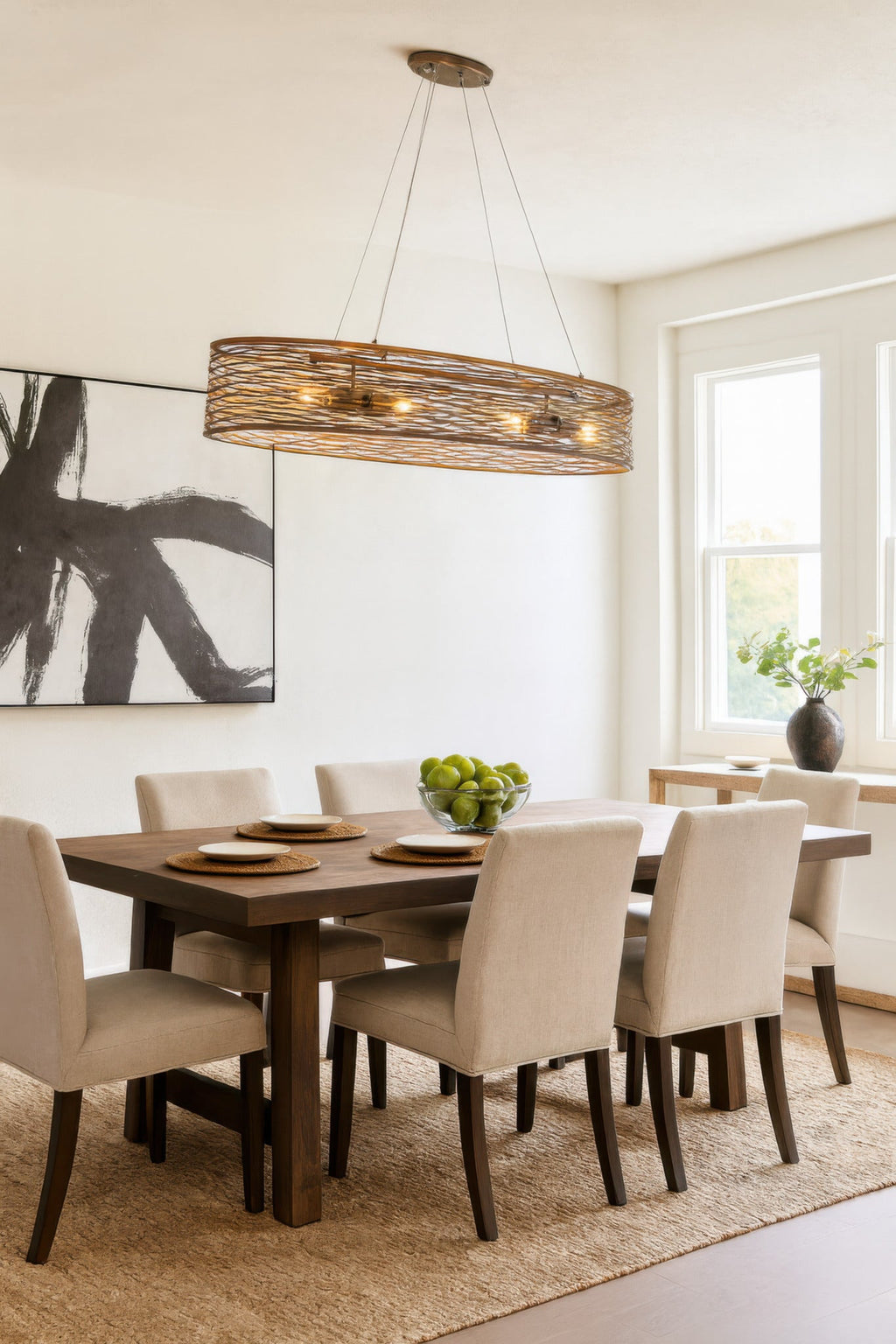 Flow 4 Light Oval Linear Pendant w/Fabric Shade - Hammered Ore
