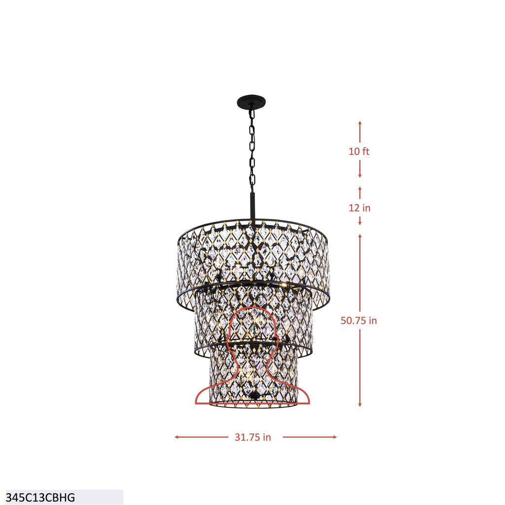 Windsor 13 Light 3-Tier Crystal Chandelier - French Gold/Matte Black