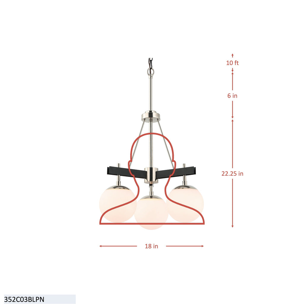 Allie 3 Light Chandelier - Black/Polished Nickel