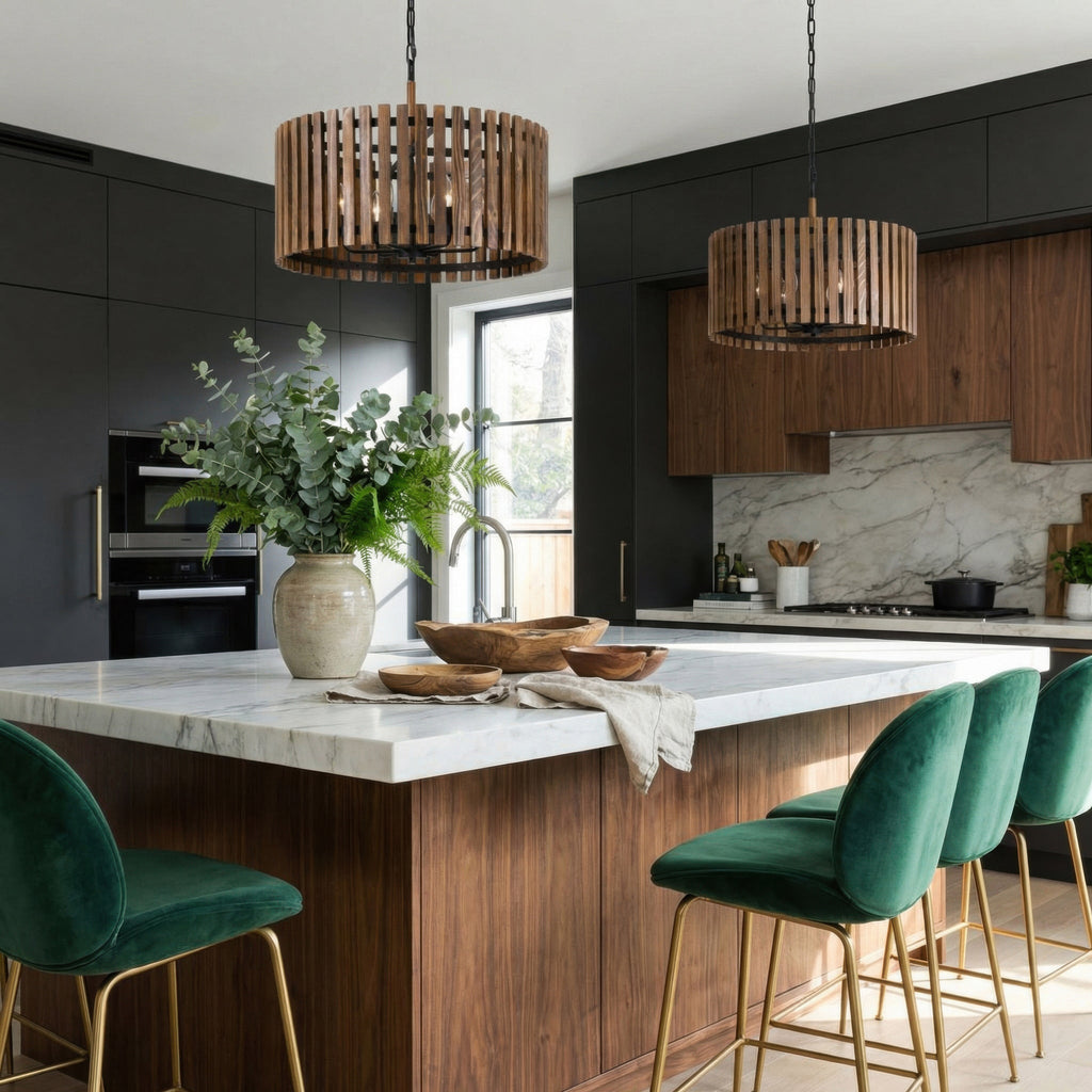 Suratto 6 Light   Pendant - Matte Black/Medium Walnut