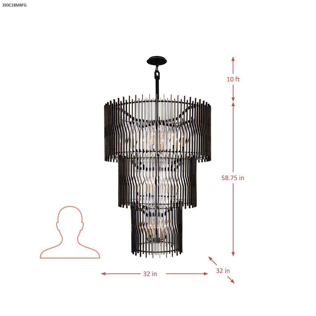 Park Row 18 Light 3-Tier Chandelier - Matte Black/French Gold