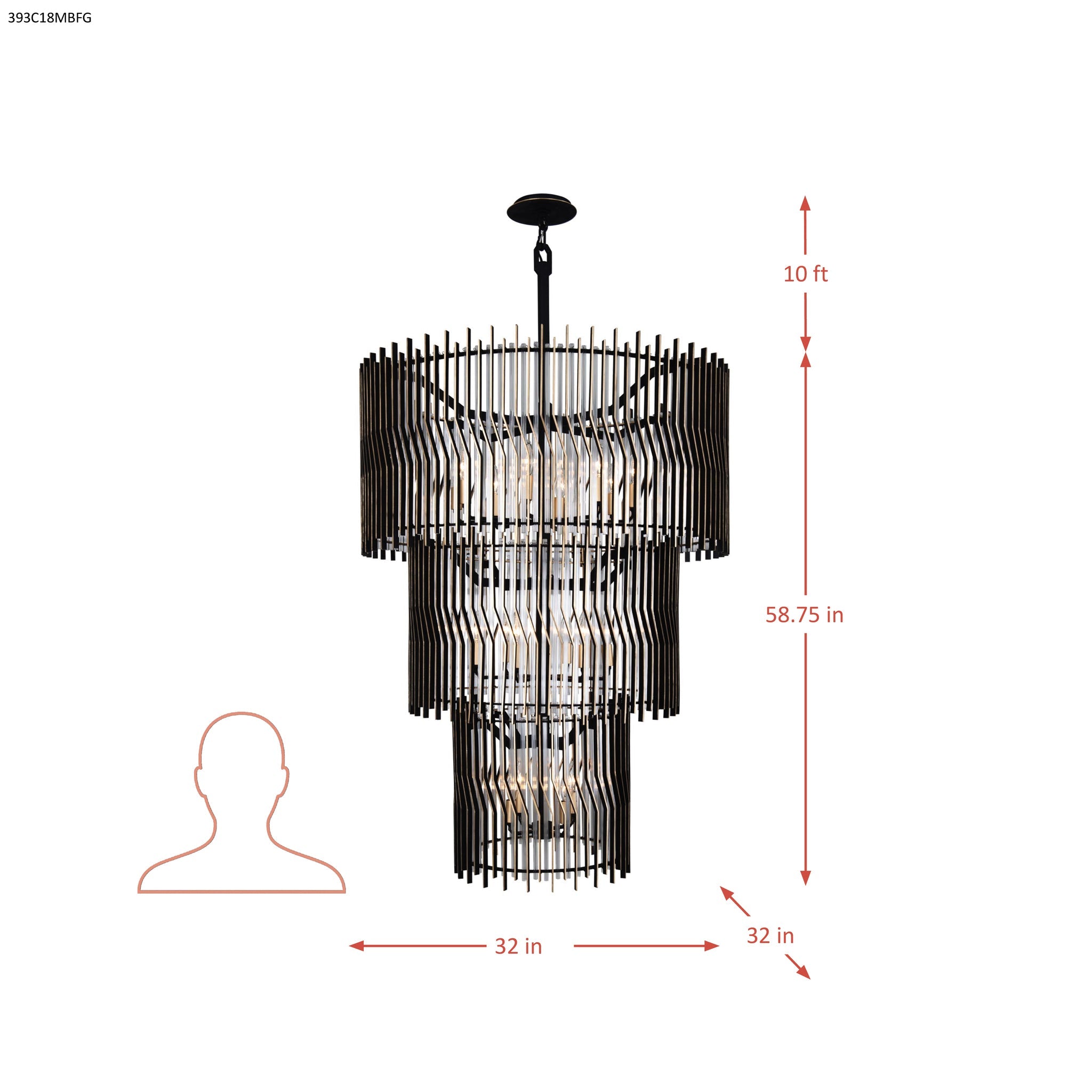 Park Row 18 Light 3-Tier Chandelier - Matte Black/French Gold