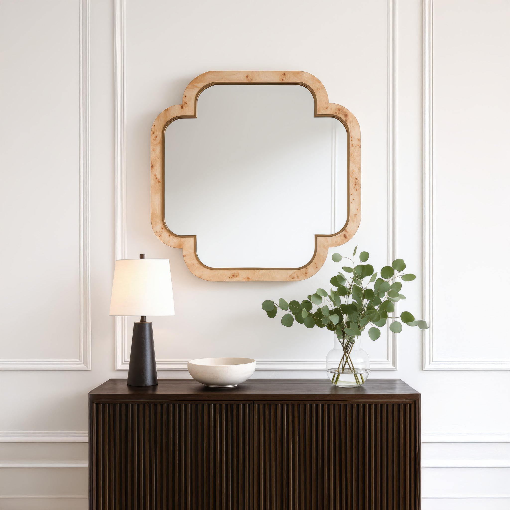 Swiss 36x36 Wall Mirror - Poplar Burl/Weathered Brass