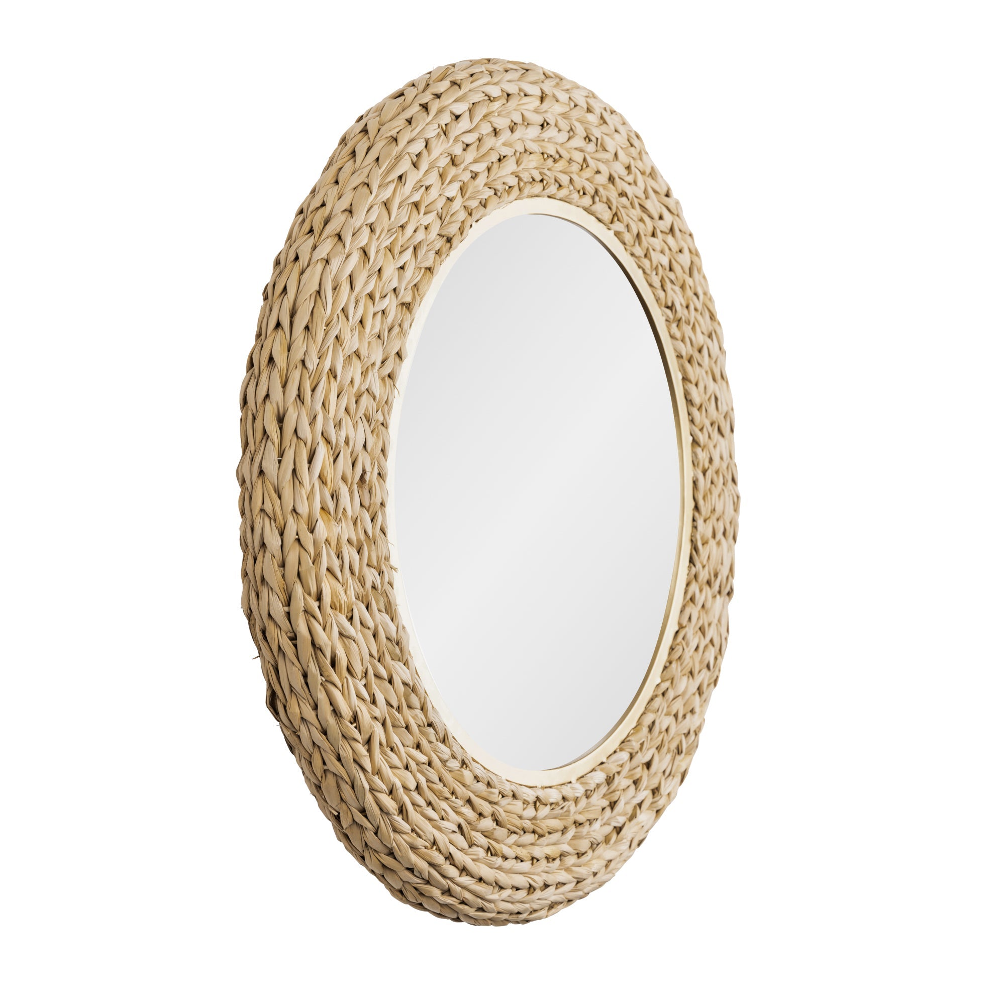 Athena 30-in Round Wall Mirror - French Gold/Natural Seagrass