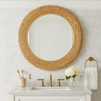 Athena 30-in Round Wall Mirror - French Gold/Natural Seagrass
