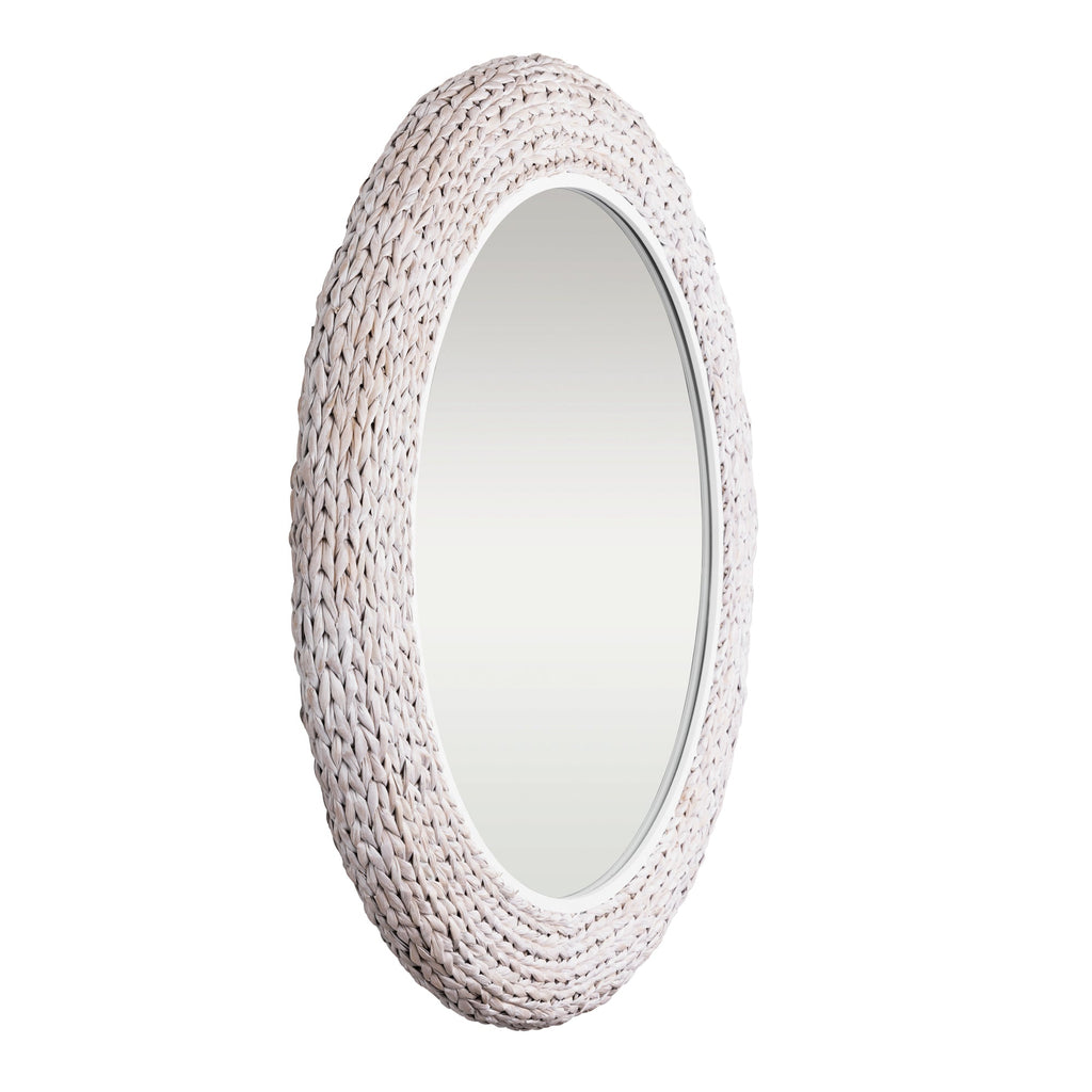 Athena 40-in Round Wall Mirror - Matte White/Whitewash Seagrass