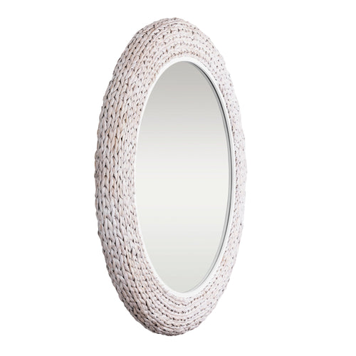 Athena 40-in Round Wall Mirror - Matte White/Whitewash Seagrass