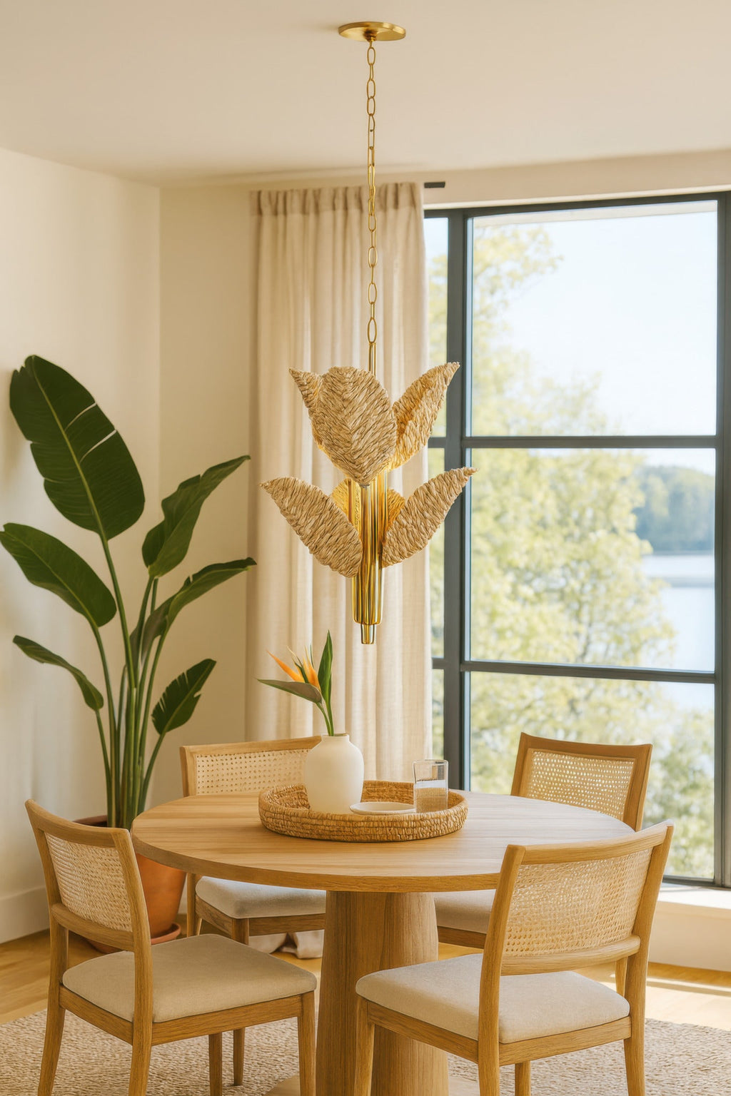 Banana Leaf 6 Light Chandelier - French Gold/Natural Seagrass