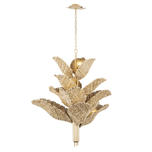 Banana Leaf 12 Light Chandelier - French Gold/Natural Seagrass